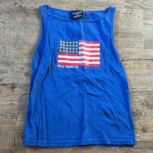Vintage Ralph Lauren Blue Tank Top with Flag Design